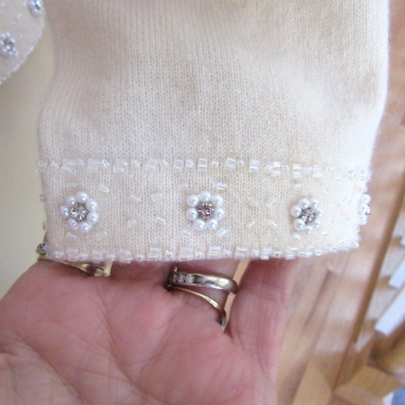 New, Charter Club Open 2 Ply Cashmere Cardigan w Faux Pearls & Rhinestones, M - Picture 4 of 9